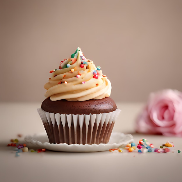 un cupcake avec un glaçage au chocolat et une fleur sur le dessus