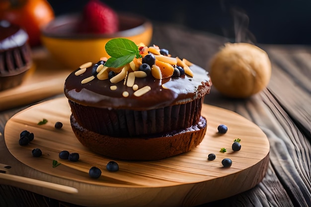 un cupcake avec un glaçage au chocolat et un fruit sur le dessus.