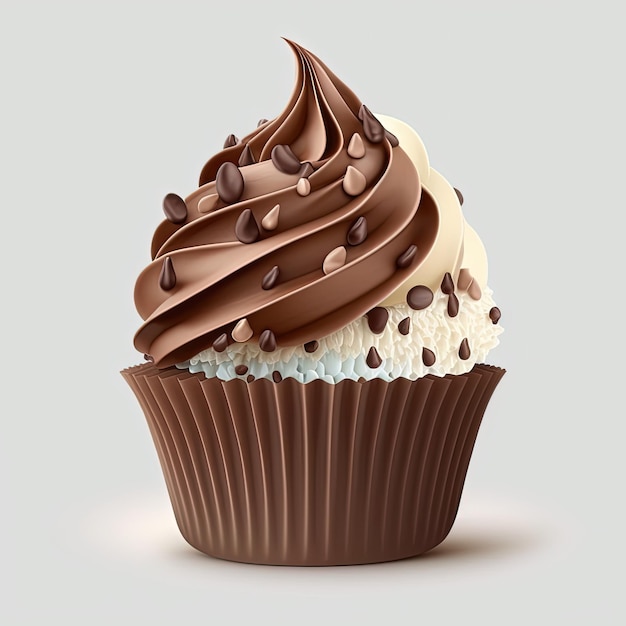 Un cupcake avec un glaçage au chocolat et des pépites de chocolat sur le dessus.