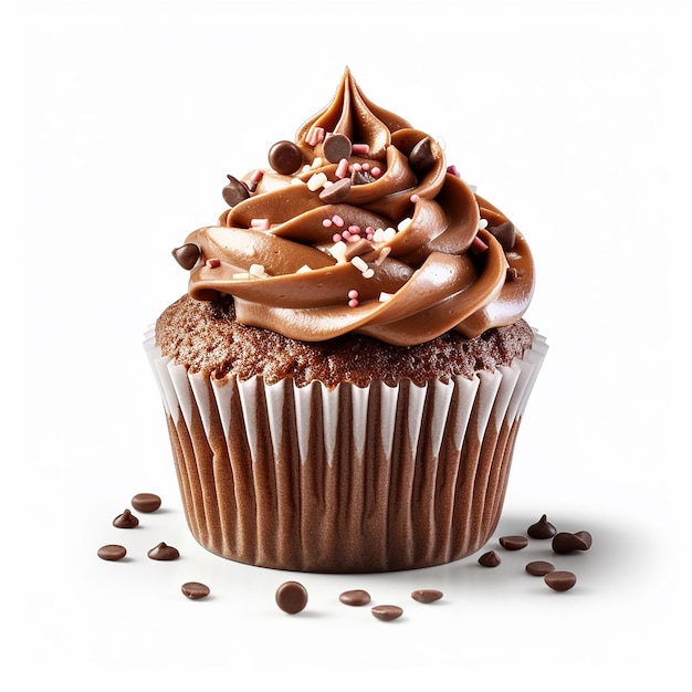 Un cupcake avec un glaçage au chocolat et des pépites dessus.