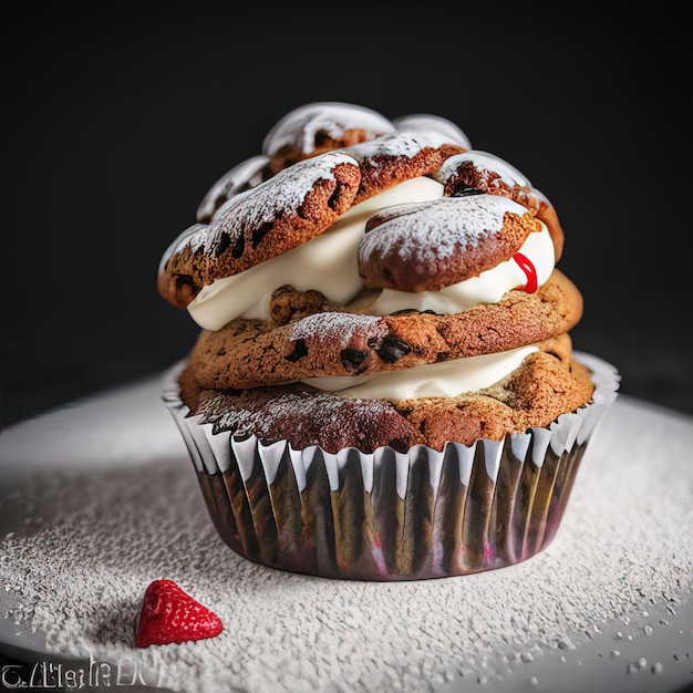 Un cupcake avec un glaçage blanc et une fraise sur le dessus.