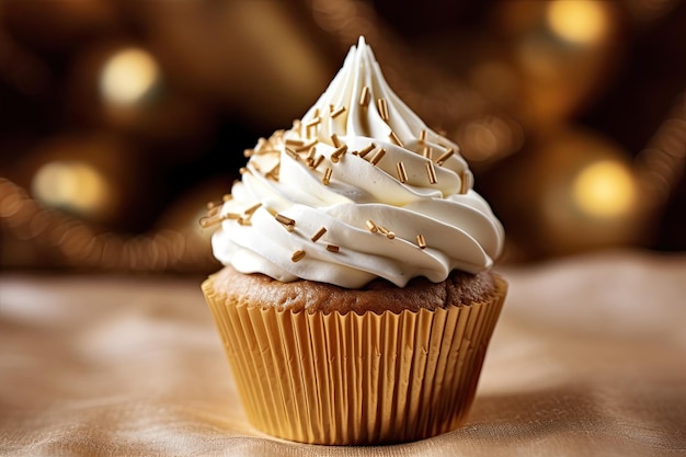 Un cupcake avec un glaçage blanc et des pépites