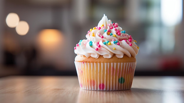 Un cupcake avec un glaçage blanc et des pépites