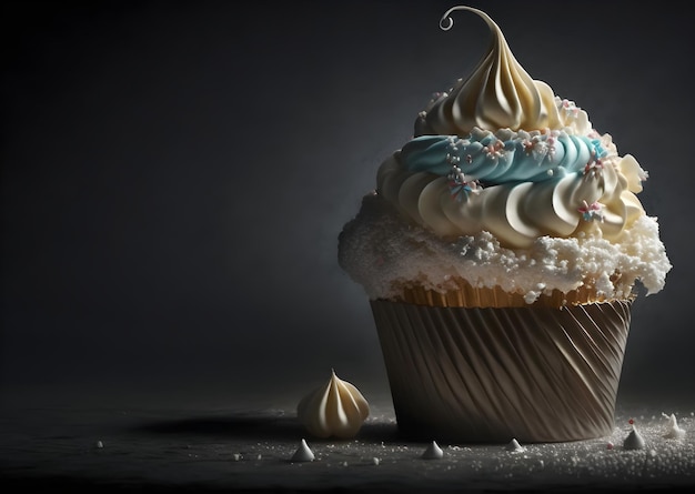 Photo un cupcake avec un glaçage bleu et blanc et un petit bonbon dessus.