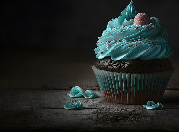 Photo un cupcake avec un glaçage bleu et une fraise dessus