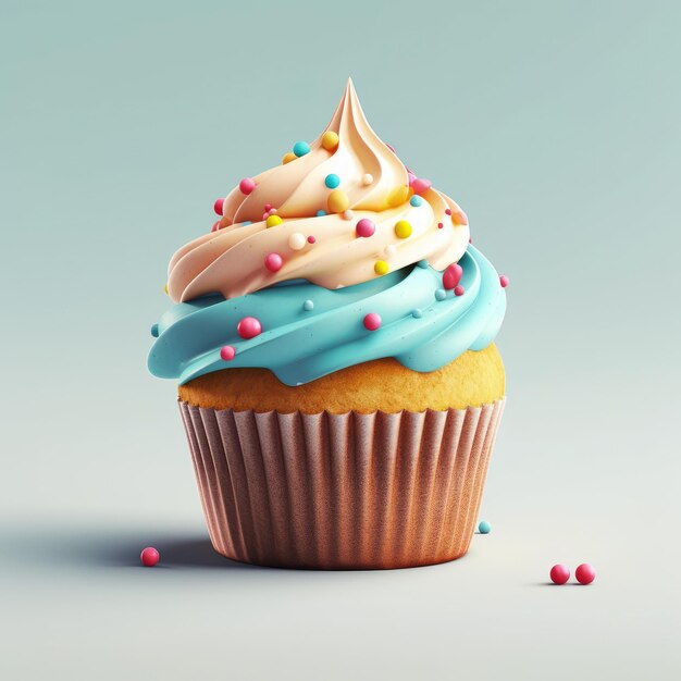 Un cupcake avec un glaçage bleu et rose et saupoudré dessus.