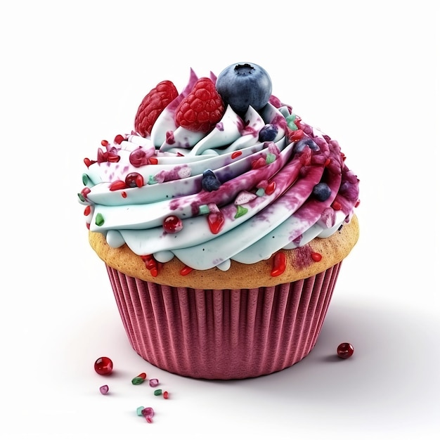 Un cupcake avec un glaçage rose et des myrtilles dessus