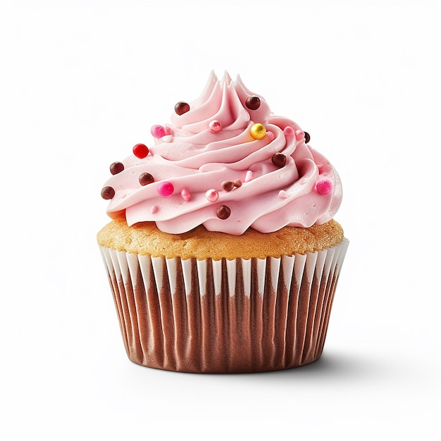 Un cupcake avec un glaçage rose et un point jaune dessus