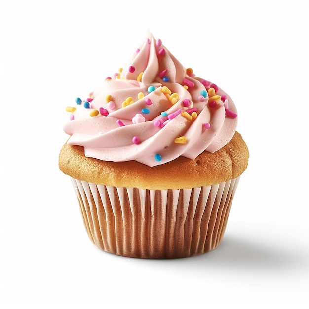 Un cupcake avec un glaçage rose et saupoudré dessus