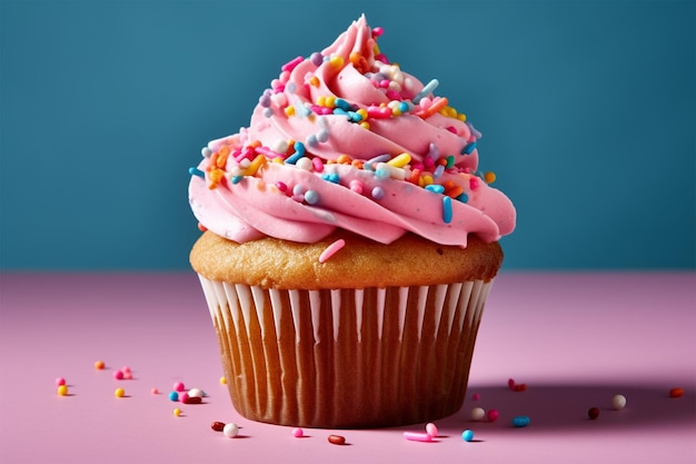 Un cupcake avec un glaçage rose et saupoudré dessus