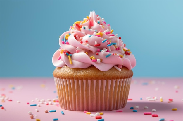 Un cupcake avec un glaçage rose et saupoudré dessus