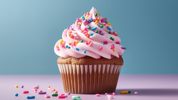 Un cupcake avec un glaçage rose et saupoudré dessus