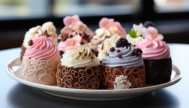 Photo un cupcake gourmet avec de la crème fouettée et une décoration de fruits frais générée par l'ia