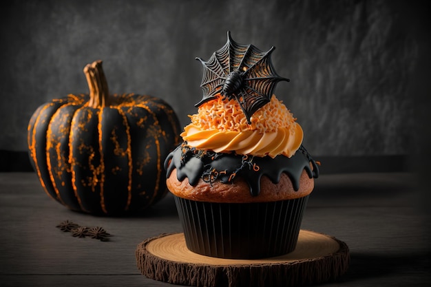Cupcake d'Halloween avec décoration d'araignée et crème au beurre à la citrouille Muffin à la citrouille Cuisine sur le thème d'Halloween