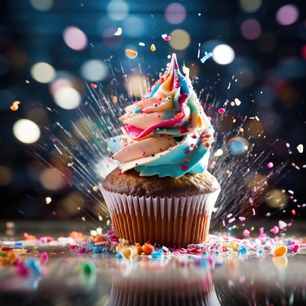 Cupcake immergé dans un glaçage aux confettis avec des éclaboussures et des vagues