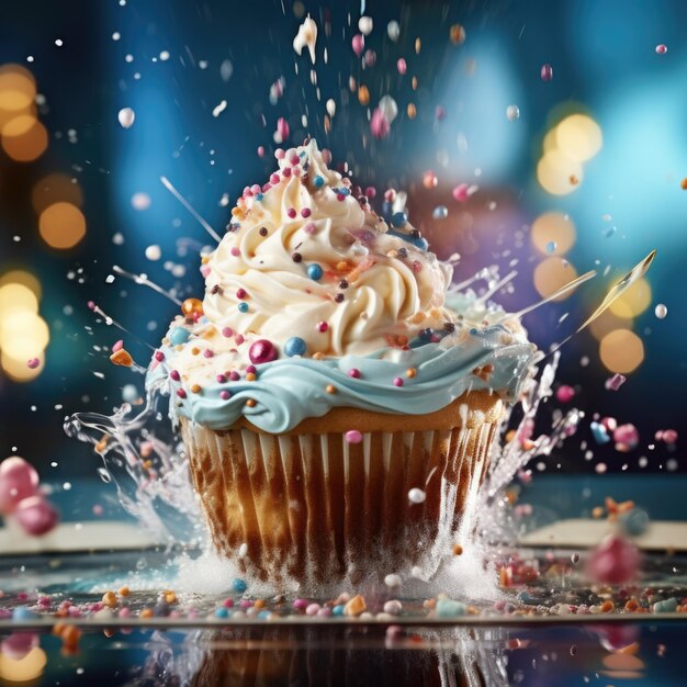 Cupcake immergé dans le glaçage avec des éclaboussures et des vagues