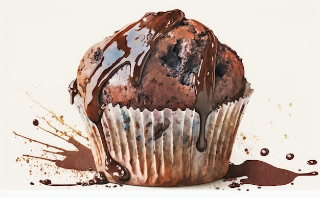 Un cupcake muffin au chocolat dessiné sur fond blanc illustrations de pâtisserie aquarelle ai généré