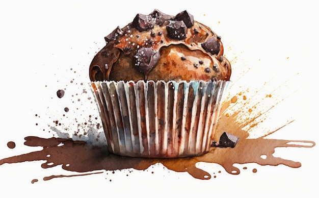 Un cupcake muffin au chocolat dessiné sur fond blanc illustrations de pâtisserie aquarelle ai généré