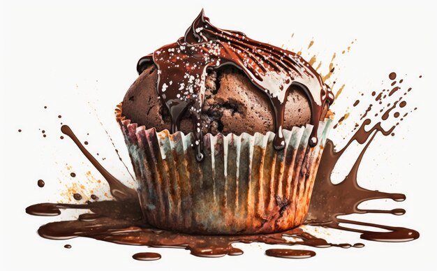 Un cupcake muffin au chocolat dessiné sur fond blanc illustrations de pâtisserie aquarelle ai généré