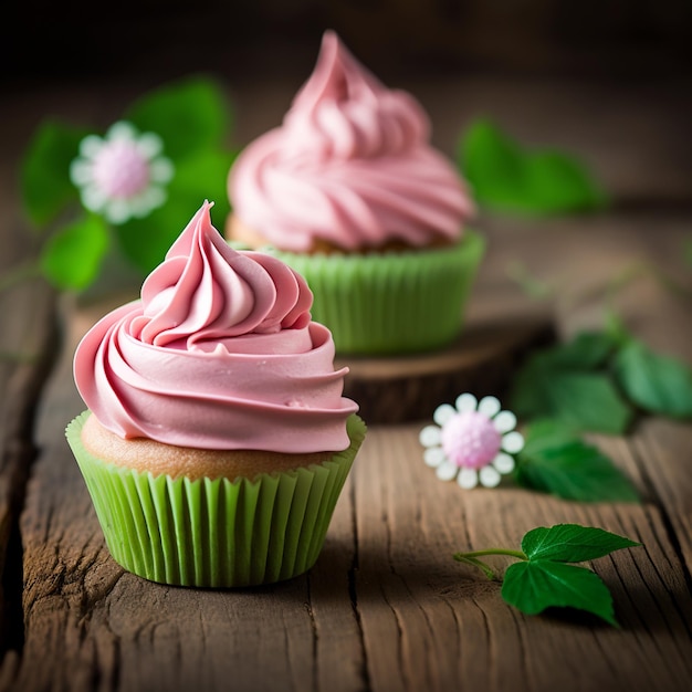 cupcake muffin à la crème rose sur des images d'illustration de fond de bois