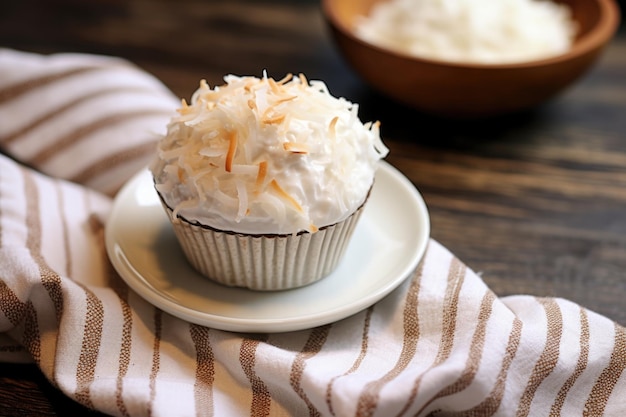 Un cupcake à la noix de coco avec de la noix de coco râpée sur une serviette en lin beige