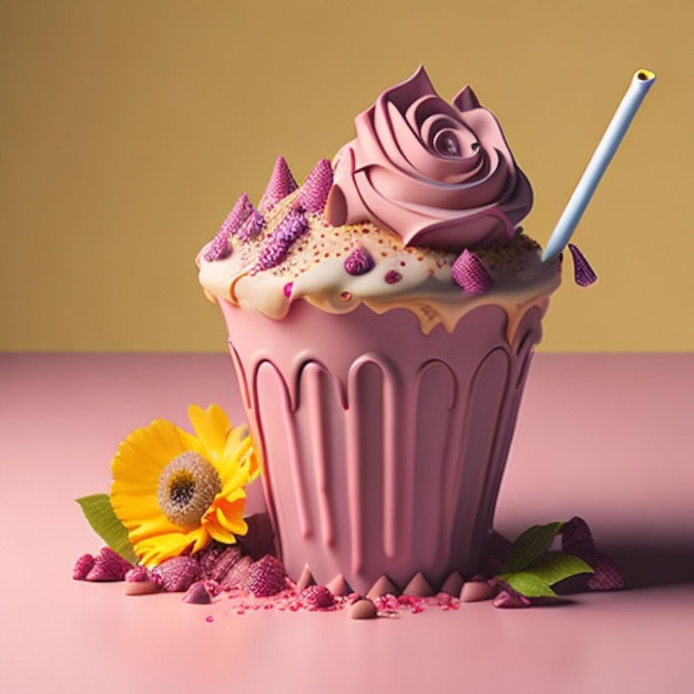 Un cupcake avec une paille et une fleur dessus