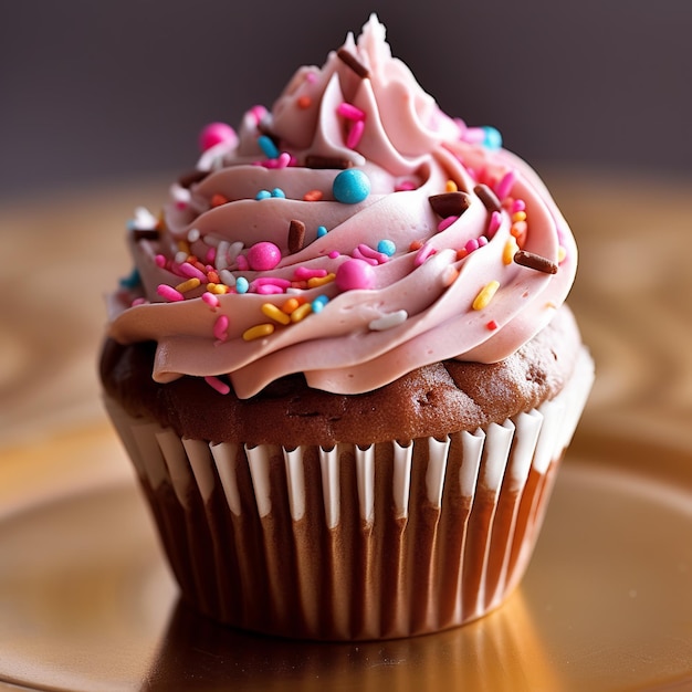 Un cupcake avec des pépites roses et bleues dessus