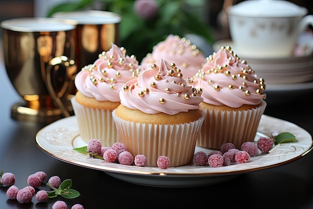 Cupcake rose au sucre glace et perles de framboise générative IA