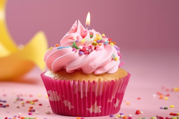 Un cupcake rose avec une bougie dessus