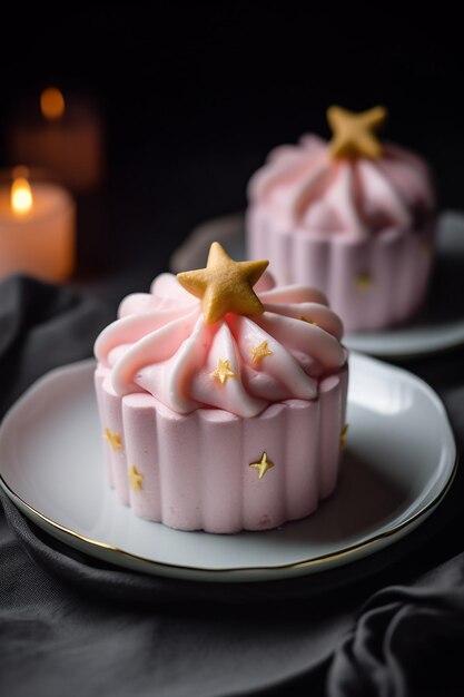 Un cupcake rose avec des étoiles dorées sur une assiette