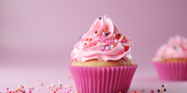 Un cupcake rose avec un glaçage rose et saupoudré dessus.