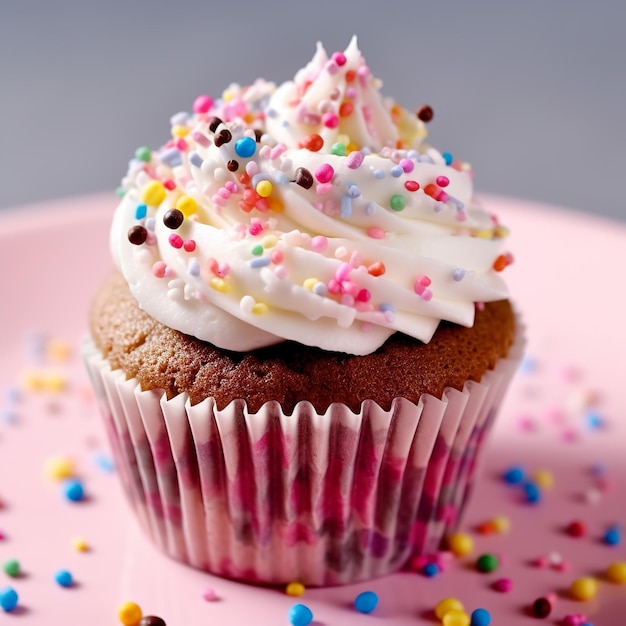 Un cupcake rose avec des vermicelles