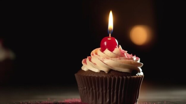 Cupcake tentant avec une bougie d'anniversaire offrant suffisamment d'espace pour votre message