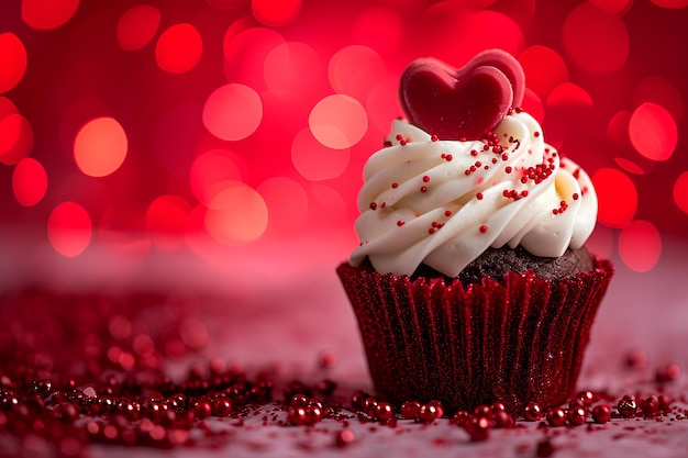 Un cupcake sur le thème du cœur pour la Saint-Valentin sur fond de bokeh rouge