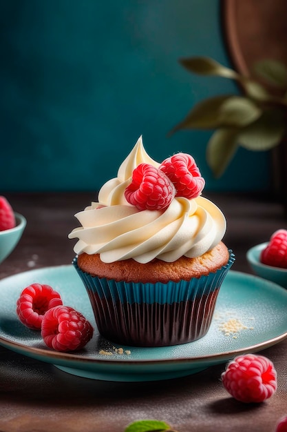 Un cupcake à la vanille et à la framboise avec de la crème légère garnis de baies