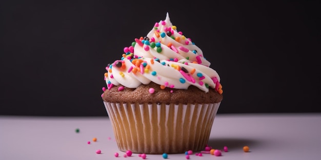 Un cupcake avec des vermicelles dessus