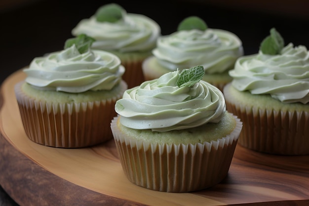 Un cupcake vert salvie fait maison en gros plan garni d'un tourbillon de crème IA générative