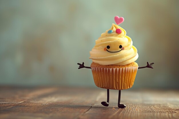 Un cupcake avec un visage souriant et une décoration de cœur
