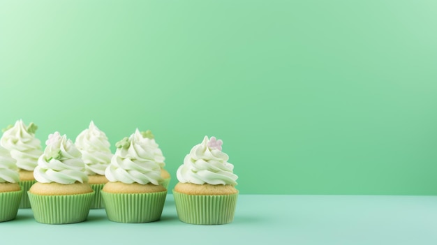 Des cupcakes d'anniversaire verts avec un espace de copie des cupcakes verts sur fond vert