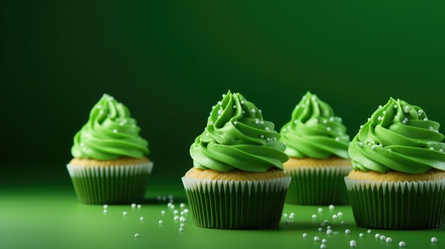 Des cupcakes d'anniversaire verts avec un espace de copie des cupcakes verts sur fond vert