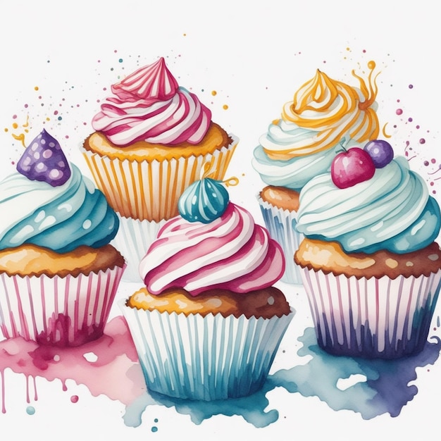Cupcakes aquarelle colorés ensemble fond d'écran Bel art imprimé dessiné à la main Couleurs vibrantes
