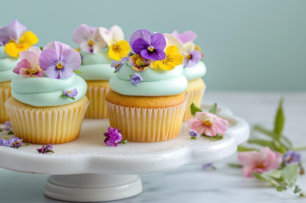 Cupcakes artisanaux décorés de fleurs comestibles sur fond floral