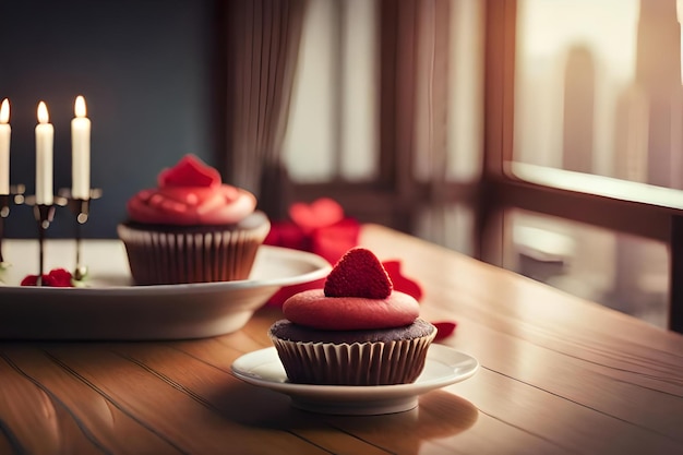 Cupcakes sur une assiette avec un cupcake en arrière-plan.