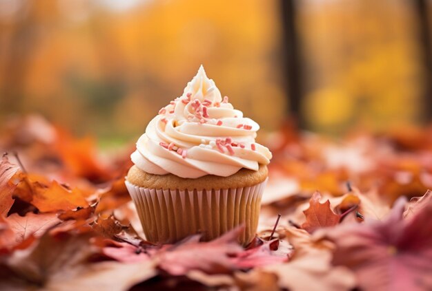 Des cupcakes au caramel congelés avec des feuilles d'automne en arrière-plan
