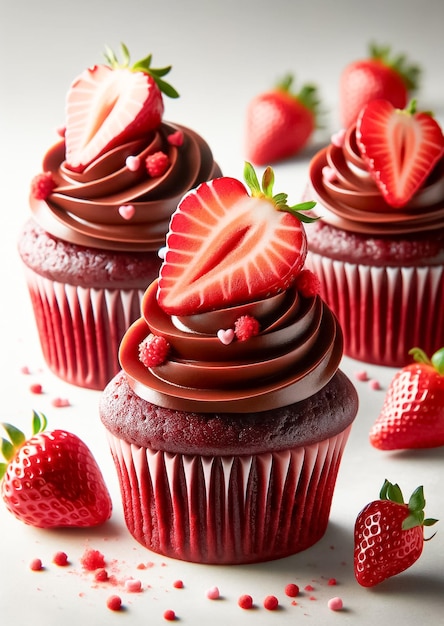 Des cupcakes au chocolat et aux fraises avec des garnitures élégantes.