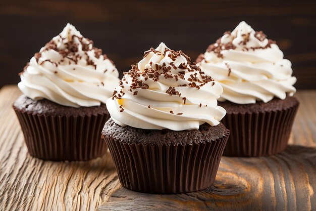 Des cupcakes au chocolat fraîchement cuits avec de la crème fouettée