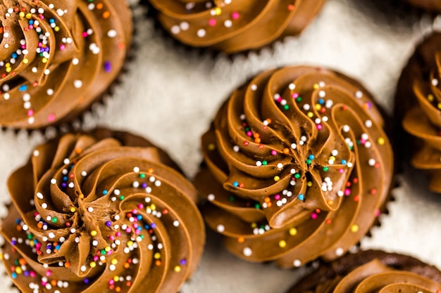 Cupcakes au chocolat frais sur le plateau.