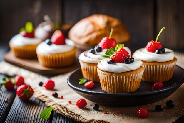 cupcakes au fromage à la crème et aux fraises sur une table.