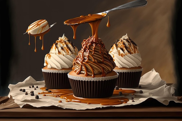 Des cupcakes au goût de chocolat sont arrosés de caramel et de chocolat et garnis de chantilly au son d'un café glacé