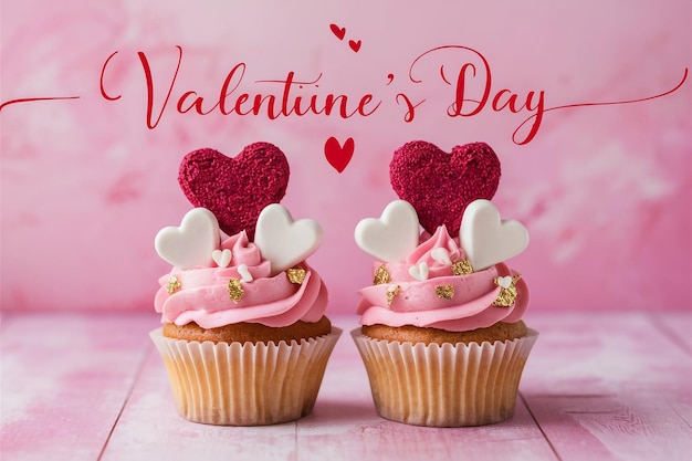 des cupcakes avec des cœurs et des curs sur eux avec un fond rose